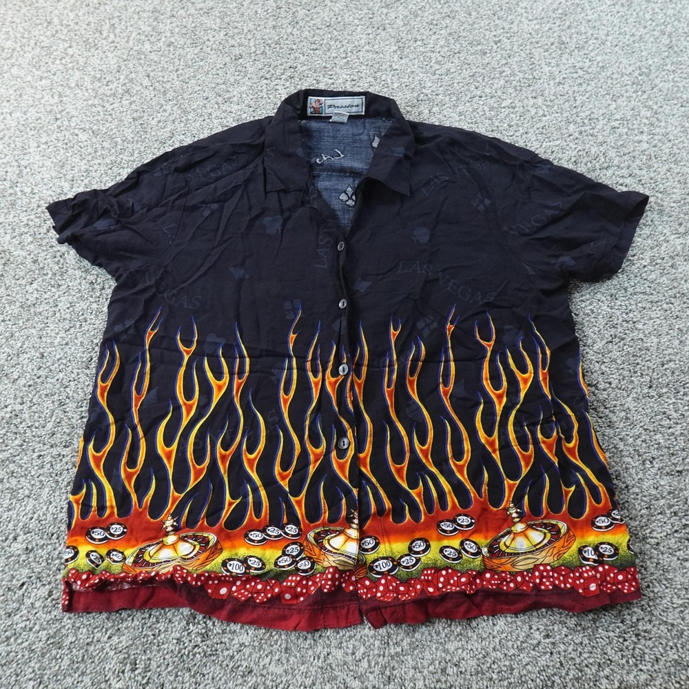 VTG Gambling Shirt Mens XL Black Las Vegas Batik Flame Casino Roulette Button Up